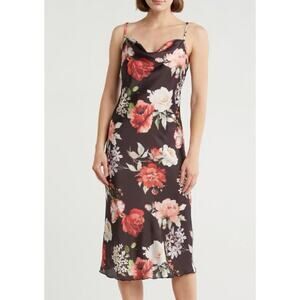 Bebe Satin Midi Slip Dress Floral Print Draped Cowl Neck Spaghetti Strap Black